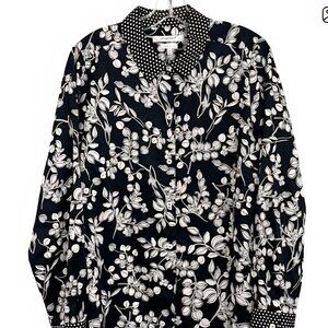 Foxcraft NonWrinkle dark floral polkadot black white long sleeve Button shirt 14